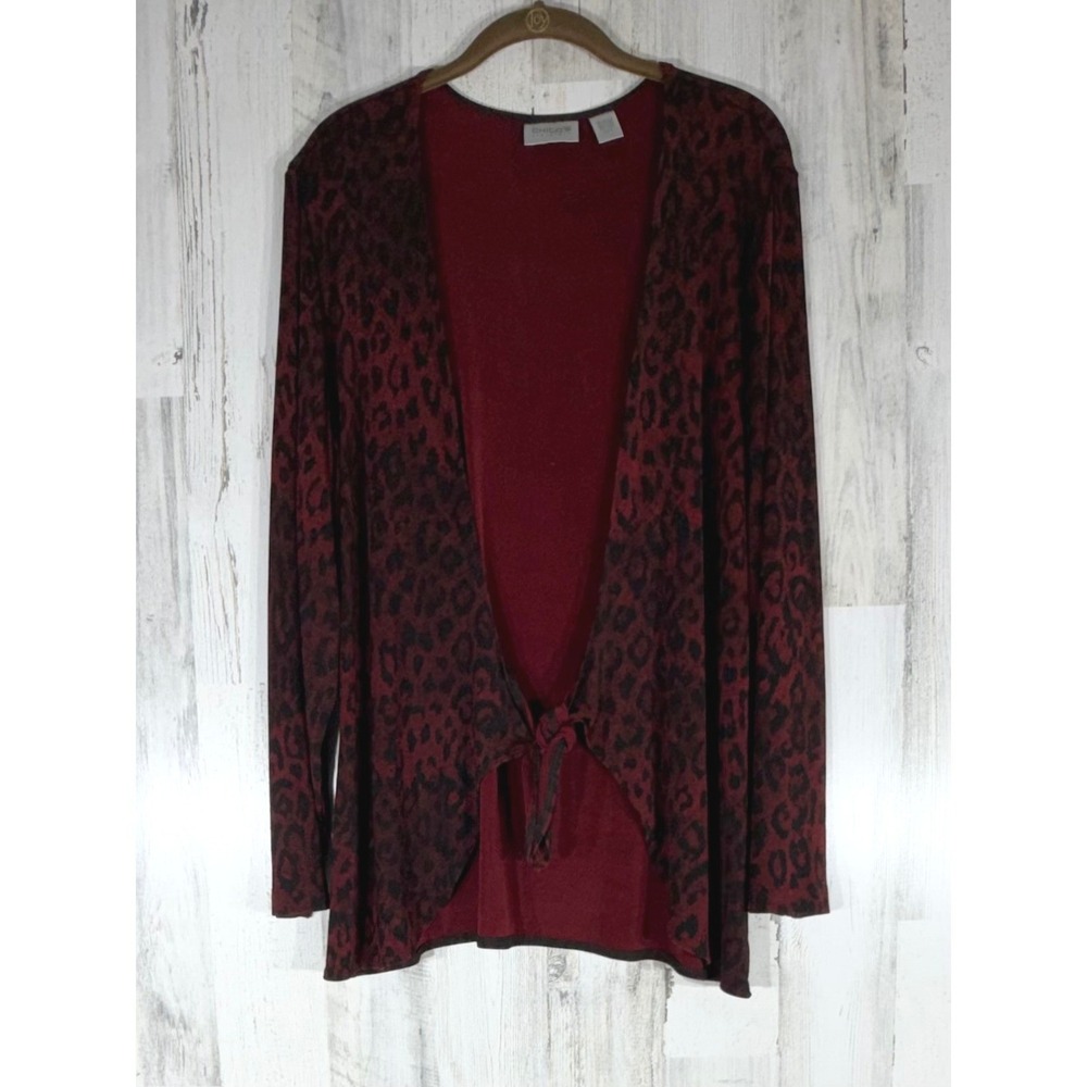 Chicos Travelers Cardigan Size 2 or Large Red Black Leopard Print Tie Front